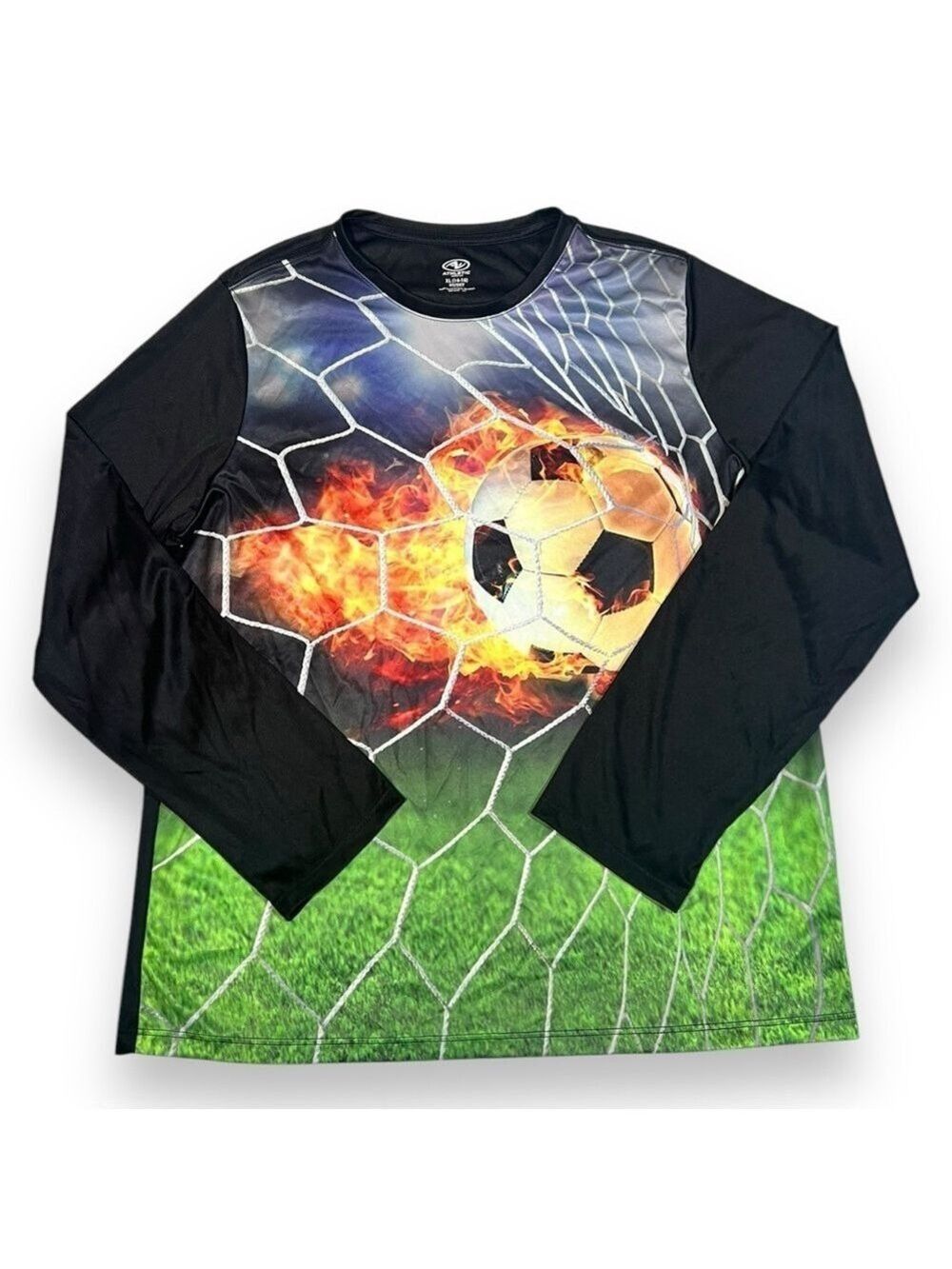 Athletic Works Boy’s Quick Dry Long Sleeve Soccer Graphic Tee Black Sz XL Husky